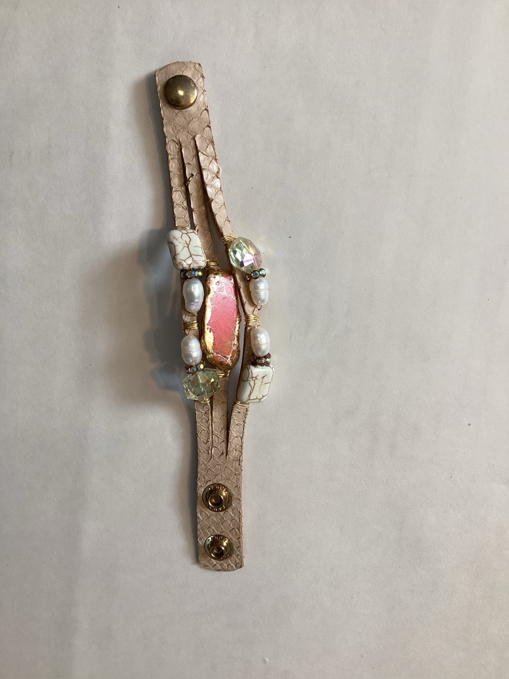 Suzy T Designs Beige Leather Bracelet with Coral Gemstone and Pearl Accents